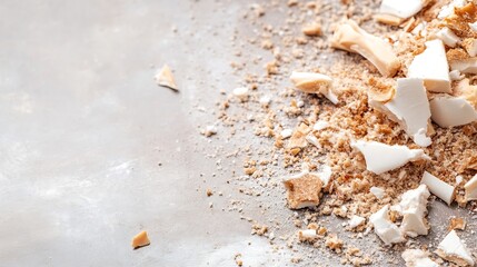 Poster - Close up view of crumbled white chocolate pieces on a textured surface : Generative AI