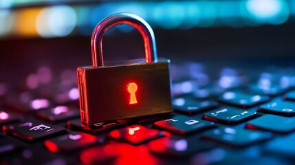 Leinwandbilder - Vibrant red illuminated padlock resting on a keyboard symbolizing online security and digital privacy : Generative AI