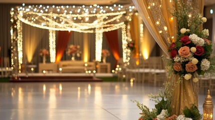 Fototapete - Stunning festive decor with twinkling lights and floral arrangements creating an enchanting ambiance : Generative AI
