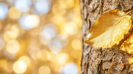 Aufkleber - Close up of a golden leaf on a tree trunk with bokeh background in autumn nature : Generative AI