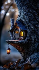 Wall Mural - Tiny woodland houses Enchanted Tree House with Lantern in a Magical Forest at Dusk