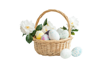 Wall Mural - Easter basket with decorated eggs and white camellia flowers isolated on white or transparent, PNG