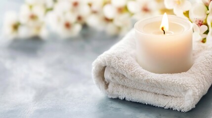 Poster - Soft candle on white towel surrounded by blooming flowers for a serene spa atmosphere : Generative AI