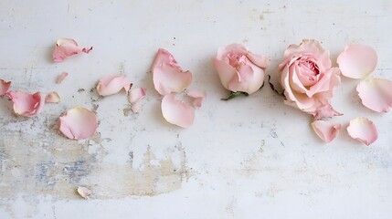 Poster - Delicate pink rose petals scattered around a whole blooming rose on a rustic background : Generative AI
