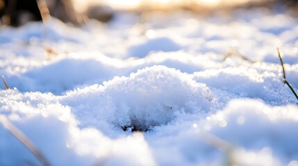 Poster - Close up of soft and fluffy pristine snow covering the ground during winter season light reflections : Generative AI