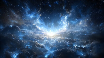 Wall Mural - Celestial sunrise above cloudscape, cosmic background, space exploration