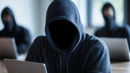 Fototapete - Mysterious Shadowy Figure in Hooded Sweatshirt Working on Computer in Dark Space : Generative AI