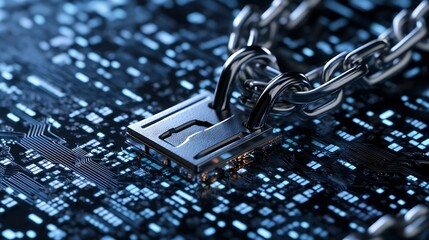 Leinwandbilder - Metal padlock securely fastened on a digital circuit board illustrating robust security measures : Generative AI