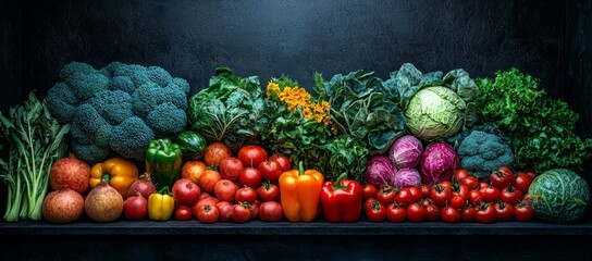 Wall Mural - Colorful vegetables harvest on dark background. Healthy food concept