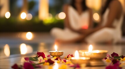 Poster - Serene Festival Scene with Candles and Flower Petals for a Spiritual Celebration : Generative AI