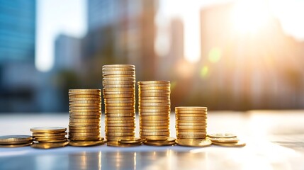 Fototapete - Stacked Coins Representing Financial Growth in a Bright Urban Environment : Generative AI