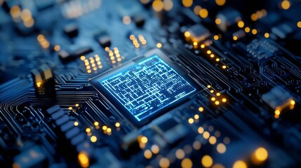 Fototapete - Closeup of intricate computer circuit board with glowing components representing advanced technology : Generative AI