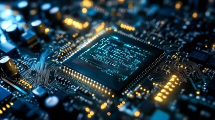 Fototapete - Close up view of a modern computer chip on a circuit board showcasing intricate details and glowing lights : Generative AI