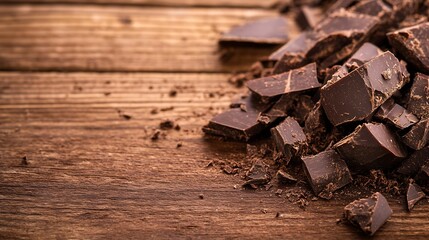 Poster - Rich dark chocolate pieces scattered on a rustic wooden surface creating an appealing dessert background : Generative AI