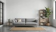 © Lumetriq - Modern minimalist living room interior design with gray sofa, wooden shelves, and plants