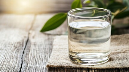 Aufkleber - Crystal Clear Water in Glass on Rustic Wooden Table Surrounded by Green Leaves : Generative AI