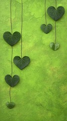 Wall Mural - Heart-shaped leaves hanging, green background, nature backdrop, Valentine's Day