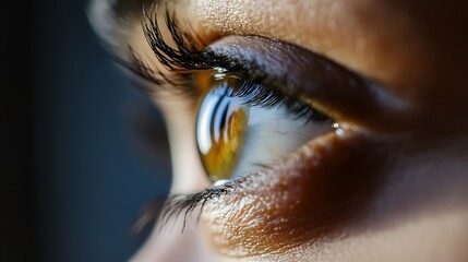 Poster - Close up of a human eye showcasing intricate eyelashes vibrant iris colors and reflections capturing ambient light : Generative AI
