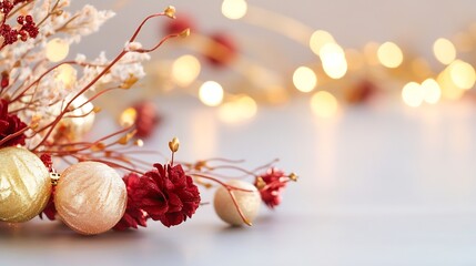 Poster - Beautifully arranged festive holiday decoration with ornaments and flowers on a soft background : Generative AI