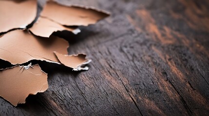 Aufkleber - Close up of torn leather pieces showcasing texture against a dark wooden background : Generative AI