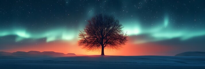 lone tree silhouetted against a glowing aurora