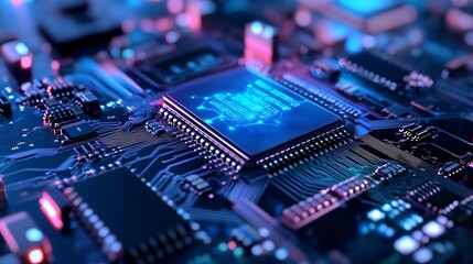 Aufkleber - Closeup view of a modern microchip on a detailed circuit board with neon lighting effects : Generative AI