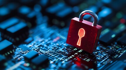 Leinwandbilder - Closeup view of a digital red padlock on a circuit board representing digital security and encryption : Generative AI