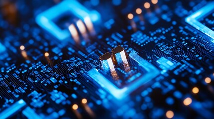 Fototapete - Futuristic CloseUp of a Computer Circuit Board with Blue Light Emitting Components : Generative AI