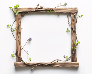 Wall Mural - rustic wooden frame decorated with green vines and purple flowers on white background