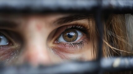 Aufkleber - CloseUp of Soulful Eyes Behind A Dark Fence Creating an Intense Atmosphere : Generative AI