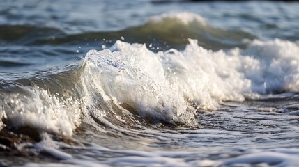 Poster - Closeup of ocean waves crashing onto the sandy beach under bright sunlight : Generative AI