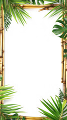 tropical bamboo frame with lush green leaves and white background for summer vacation travel and relaxation  design