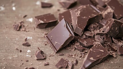 Poster - Rich Dark Chocolate Pieces on Wooden Table Ready for Baking or Chocolate Making : Generative AI