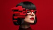© Sirichai - Elegant Woman in Bold Red Glasses Against Vibrant Red Background