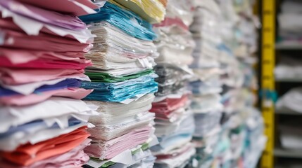 Fototapete - Colorful stack of neatly arranged papers showcasing various textures and shades : Generative AI