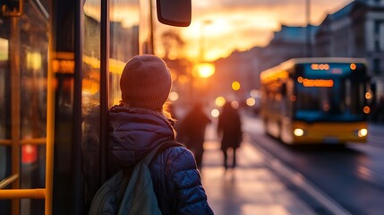 Poster - Transit commuter waiting for bus during sunset in urban city atmosphere : Generative AI