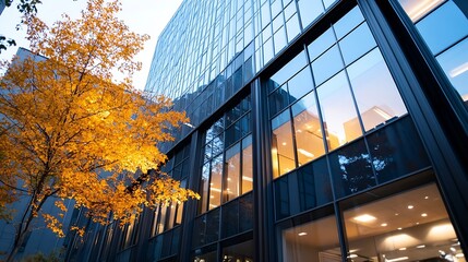 Poster - Modern office building with glass facade and autumn tree showcasing contemporary architecture : Generative AI