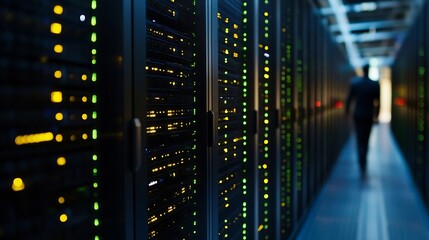 Fototapete - High Tech Server Room with Fiber Optic Cables and Bright LED Lights in a Data Center : Generative AI