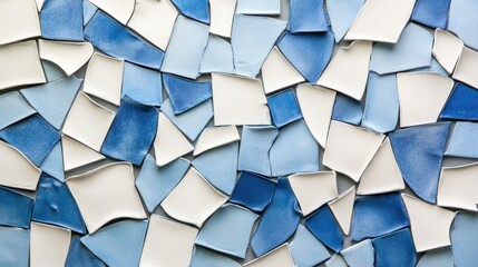 Wall Mural - Abstract background of blue and white mosaic tiles in various shapes and sizes.