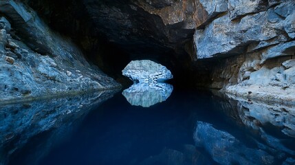 Leinwandbilder - Mysterious Cave Entrance Reflecting Clear Lake Water Surrounded by Natural Rock Formations : Generative AI