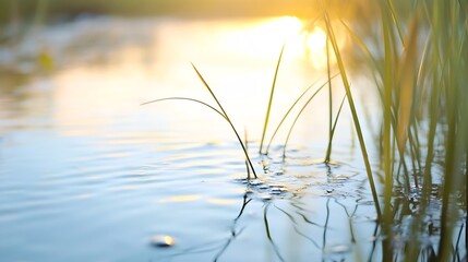 Fototapete - Closeup view of graceful reeds swaying in gentle ripples of water illuminated by warm sunlight : Generative AI