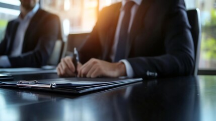 Fototapete - Business professionals signing documents in a modern conference room : Generative AI