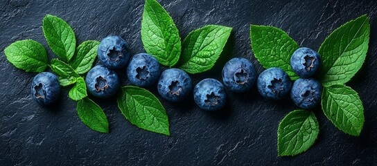 Wall Mural - Fresh blueberries with leaves on dark background. Food photography for recipe or packaging