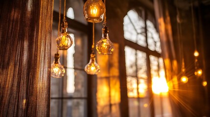 Leinwandbilder - Beautifully designed pendant lights illuminating a warm sunset through large windows in an elegant indoor setting : Generative AI
