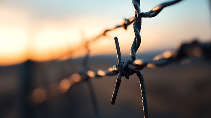 Poster - Close up view of rusty barbed wire with a beautiful sunset in the background showcasing nature's contrasts : Generative AI