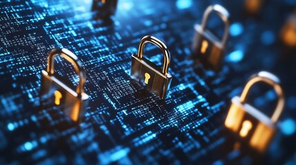 Leinwandbilder - Array of metal padlocks on digital background symbolizing cybersecurity and data protection : Generative AI