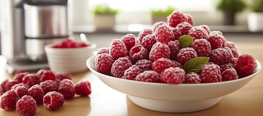 Wall Mural - Frozen raspberries in bowl, kitchen counter, healthy food