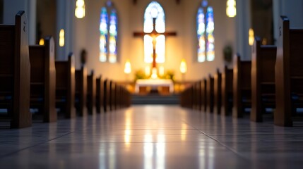 Wall Mural - Interior of a serene church featuring stained glass windows casting colorful light onto polished floors : Generative AI