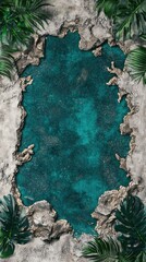 Wall Mural - Tropical leaves frame turquoise water hole; cracked stone background; design template