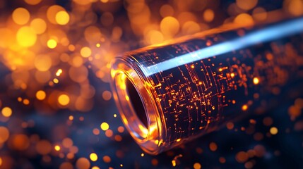 Fototapete - Futuristic glowing electronic cylinder is transmitting data with bokeh lights in the background
